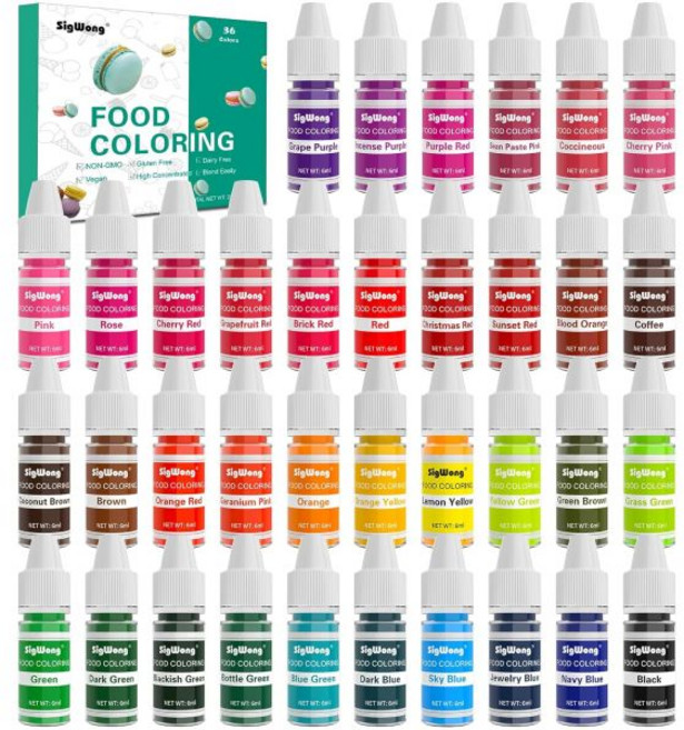 SigWong 식용색소 식용 색소 액상 16색 선명한 세트 업그레이드된 무맛 식품 등급 케이크 장식 베이킹 쿠키 아이싱 슬라임 부활절 달걀 프로스팅 및 DIY 공예용 10ml, 0.2 플 오즈 (36개 팩)
