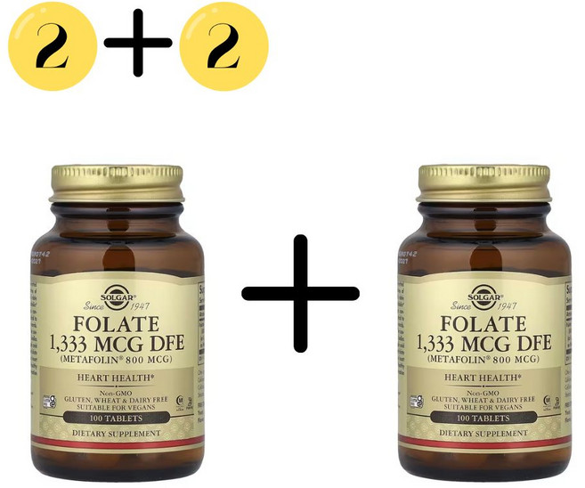 2+2 솔가 엽산 메타폴린 1 333 MCG DFE 100정 비건 글루텐프리 논GMO, 4개