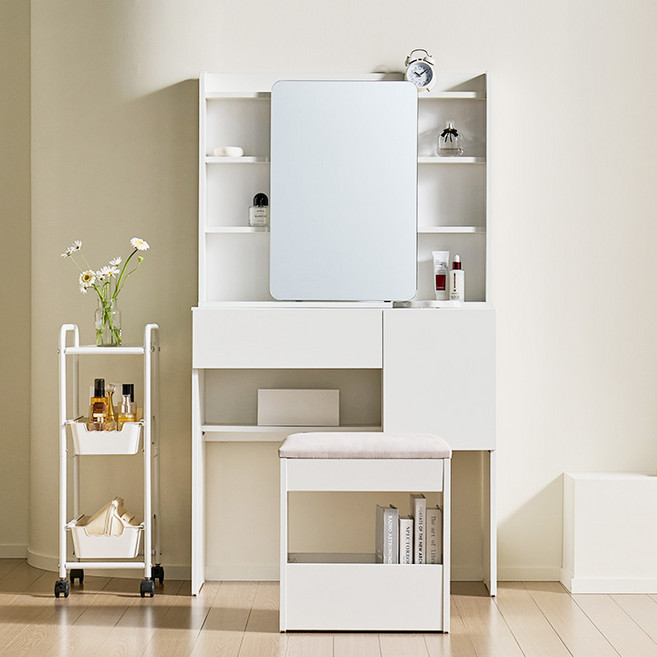 라움디 800 슬라이딩 거울 수납 서랍 화장대 세트, 크림화이트