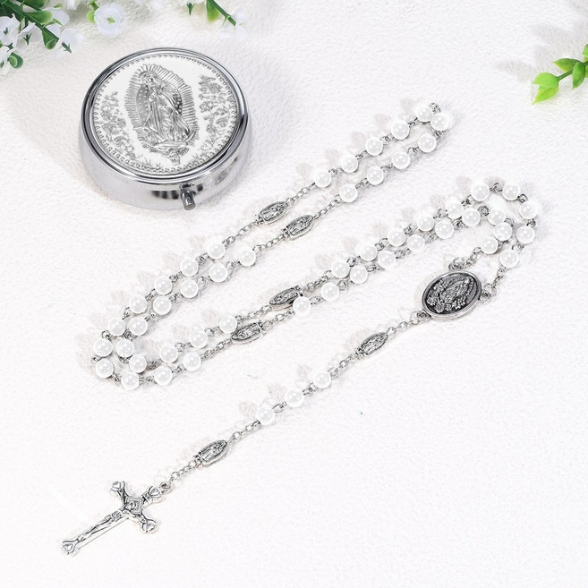 누리몰 5단묵주 천주교 성물 카톨릭 예수님 기도 목걸이 케이스, 화이트, 1개