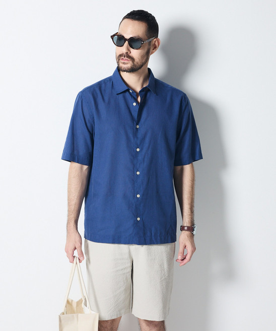 [STCO] 남성 린넨 혼방 솔리드 반팔 셔츠 이지핏 블루