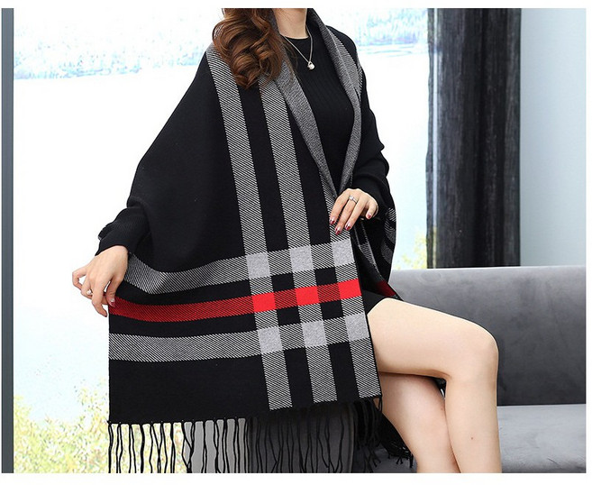 秋冬質感格紋手袖披肩 流蘇 罩衫 圍巾 斗篷 針織