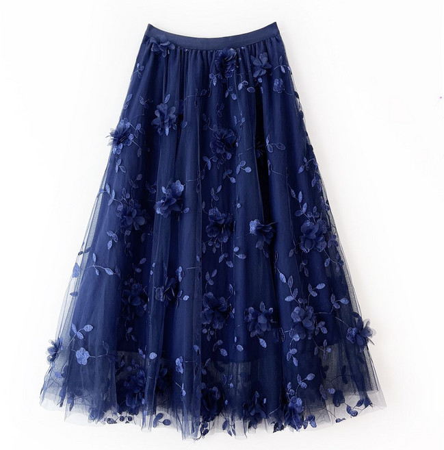 立體花刺繡紗裙 中長款A字裙