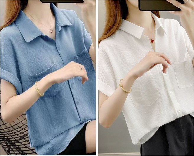 레노이 1+1 여름 심플 스타일 여성 반팔 루즈핏 빅사이즈 슬림 셔츠 블라우스