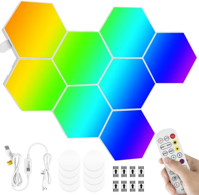 쿠쿠스토어 RGB 스마트 육각 벽 램프 색상 변경 야간 조명 DIY 모양 음악 리듬 APP 게임 룸 침실 지능형, 02 8Pcs