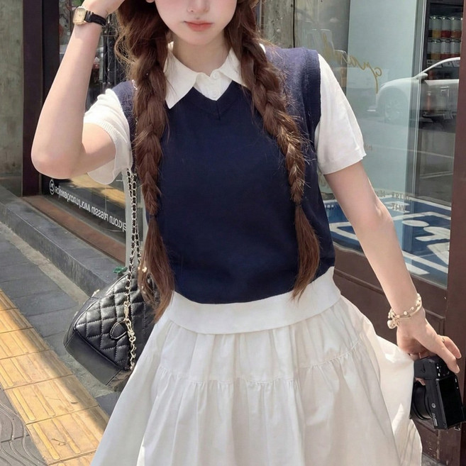 SOSISI 여성 레이어드 배색 카라니트반팔 티여름용 DH2M260462