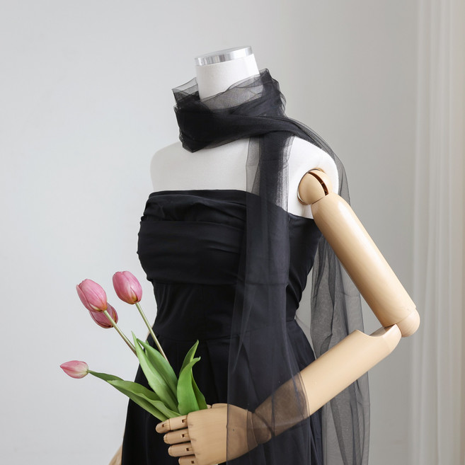 엘블랑꼬 셀프웨딩 블랙 쉬폰 머플러 웨딩 스냅 블랙 컨셉 캐주얼 촬영 헤어악세사리 소품