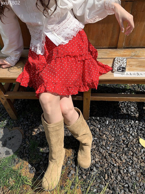 紅色波點木耳邊鬆緊高腰A字短裙女含安全褲