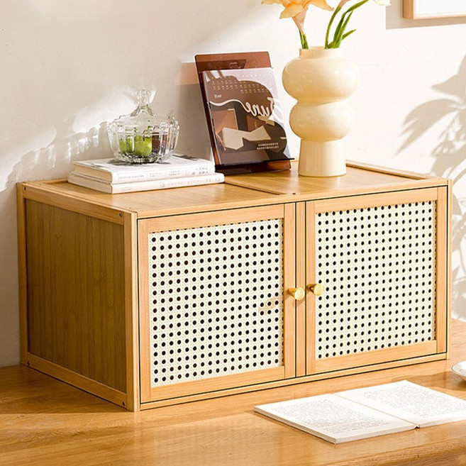 방일 라탄 목재 수납장 자유조립 다기능 선반 먼지차단 격자문 캐비닛 TV스탠드 침대옆탁, 원색