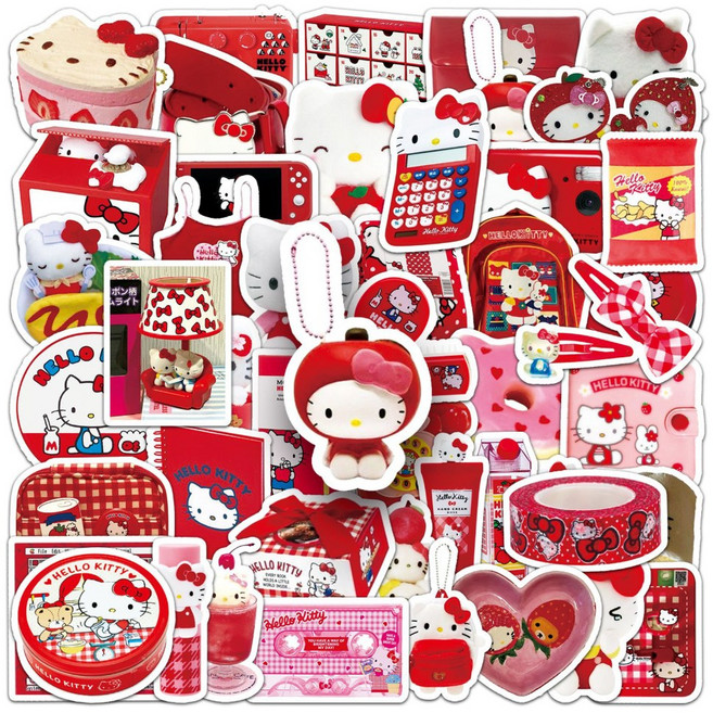 산리오 캐릭터 방수 스티커 (전 캐릭터 모음), 50개, 헬로키티 레드