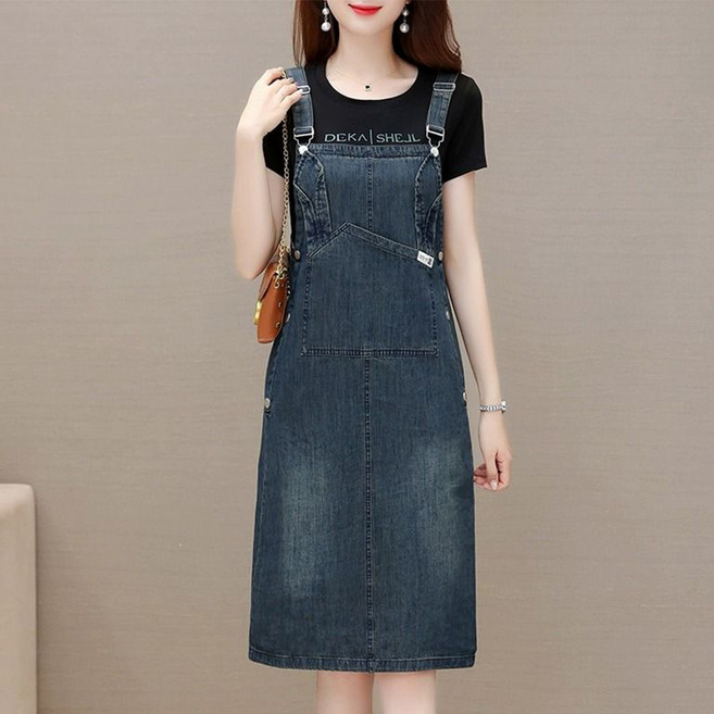 TIRA 여성 데님 미니 원피스 캐주얼 루즈핏 멜빵 심플 데일리