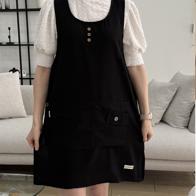 데코나인 모던앞치마 여름 예쁜 유치원 어린이집 원피스 선생님 단추 단체 무지 요양보호사 노인복지, 1개, 모던-블랙