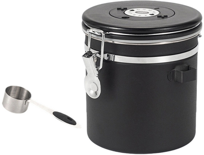 SHUNFA 304 스테인레스 스틸 커피 밀폐 용기 1.2L 스푼 포함, 1개, 매트 블랙