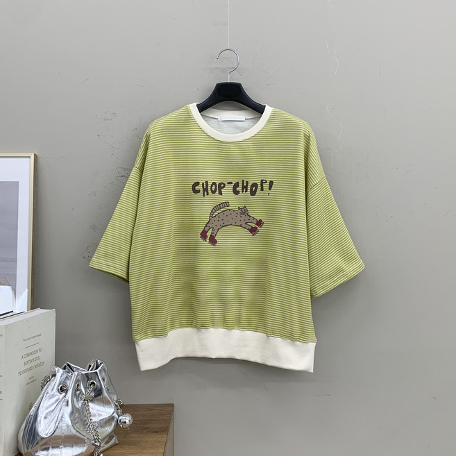 [행복여] 롤러 타이거 레터링 스트라이프 7부 맨투맨 티셔츠