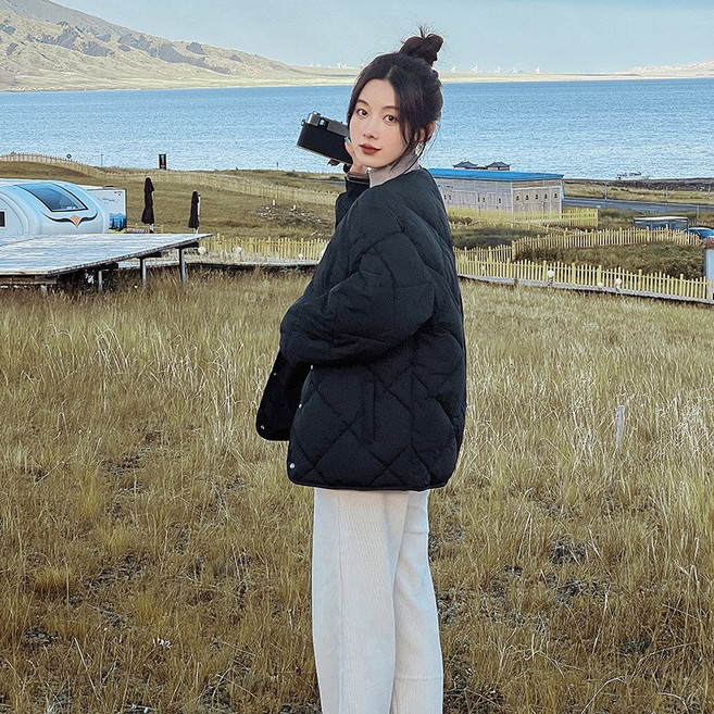 가을 겨울 패딩 여 가벼운 하버풍 숏 아가일 슬림 박시 코트 후드 코트 월론 아우터 집업 빅사이즈 솜옷