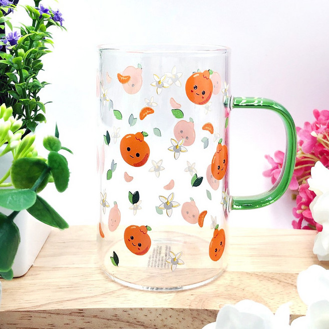 제주노리 칼라 핸들 유리 머그 감귤 한라봉 310ml 제주 유리컵 내열잔, 1개