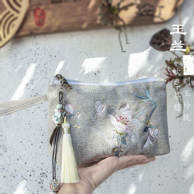 暮玲原創精品 布藝古風拉鍊刺繡手機鑰匙帆布手拿小包零錢包女