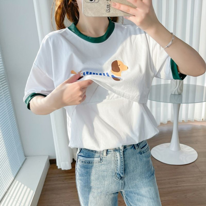 哺乳衣 外出短袖T恤 印花時尚款 夏款 產後哺乳裝 上掀式設計, 1個, 8643綠色領子哺乳款（帶胸墊）3XL（160-180斤）