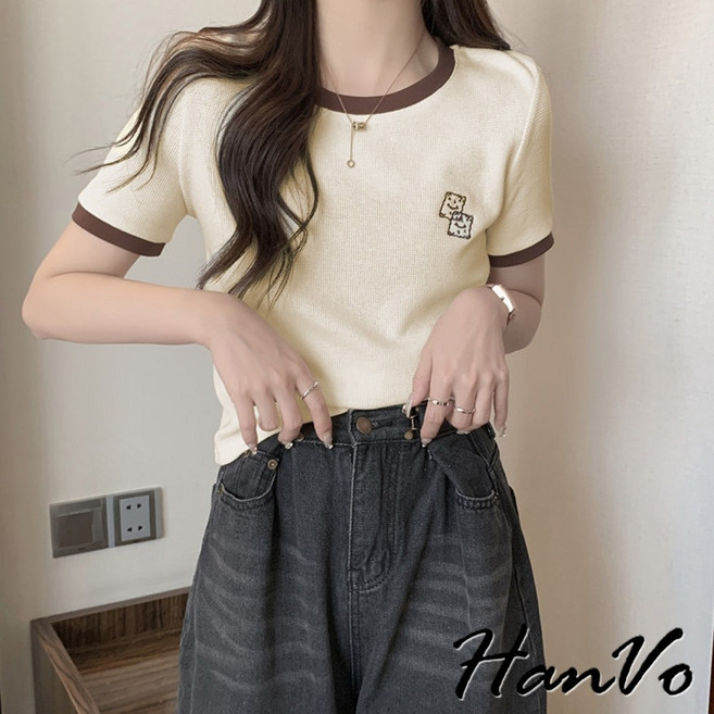 HanVo 華夫格撞色領邊短袖上衣 卡通刺繡 女生韓系