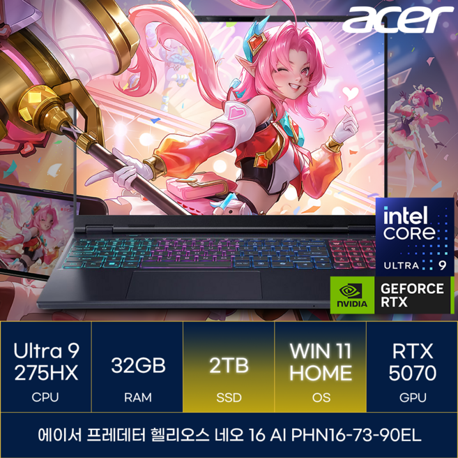 에이서 프레데터 헬리오스 네오 16 AI PHN16-73-90EL, WIN11 Home, 32GB, 2TB, 블랙
