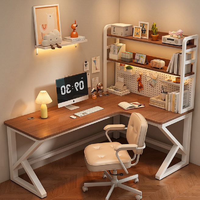 이노코너 InnoCorner 코너책상 ㄱ자 책상 컴퓨터 선반 서재 공부 테이블 다용도 철제 타공판 책상 책꽂이 일체형, [우측 코너] 골든오크 160x100cm