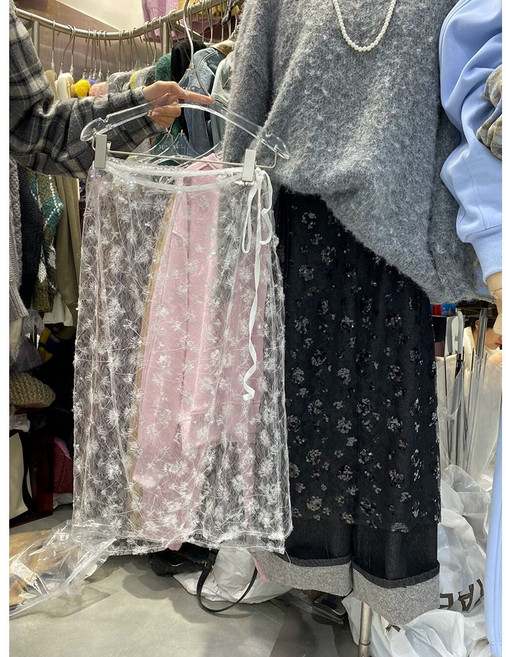 스팽글 자수 레이스 레이어드 오픈 랩스커트 롱스커트