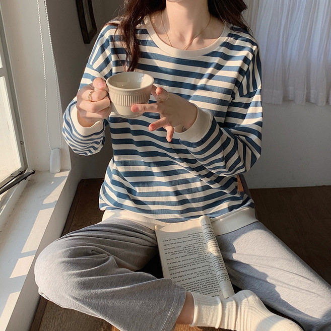 POMTOR 여성용 면 파자마세트 봄가을 긴팔 긴바지 루즈핏 편안한 홈웨어