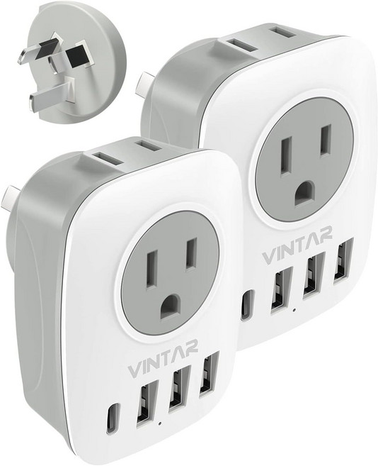 유럽 여행용 플러그 어댑터 2팩 USB C 1개 미국 콘센트 2개 포트 3개 포함 VINTAR 국제 전원 대부분 지역 그리스 이탈리아 여행 필수품 6개타입, Type I-Australia