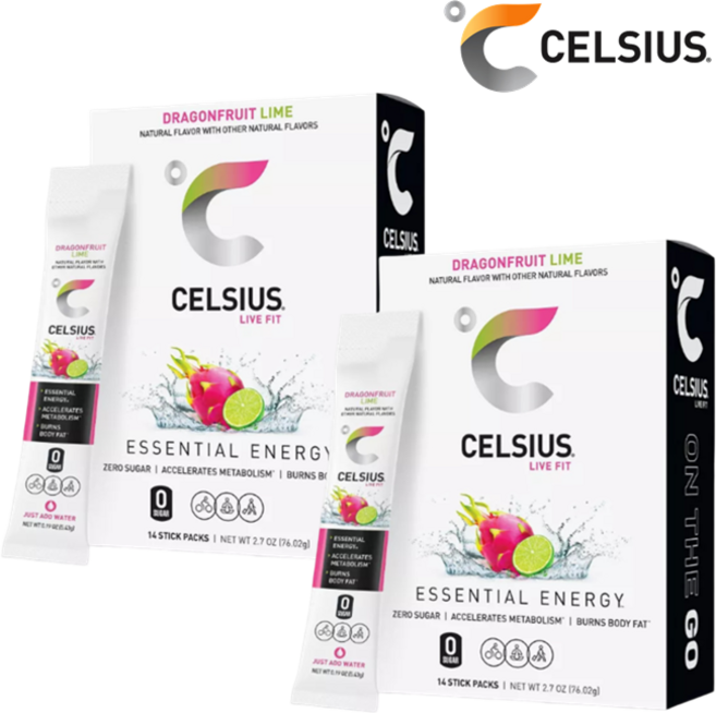 [CELSIUS] [1+1] 셀시어스 히트 워터 제로슈가 드래곤프루트 라임 맛 14개입 + 드래곤프루트 라임 맛 14개입 운동 에너지 드링크 파우더 Energy Drink Mix