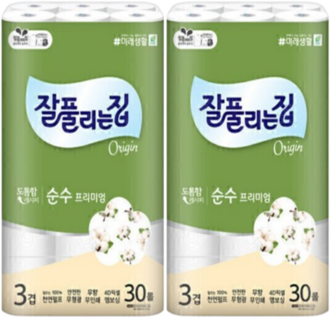 잘풀리는집 순수프리미엄 천연펄프 3겹 화장지 30M 30롤, 2세트