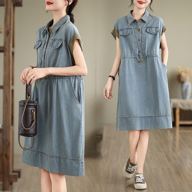 LUNATURE 여성 여름 셔츠 데님 원피스 오버핏 캐쥬얼