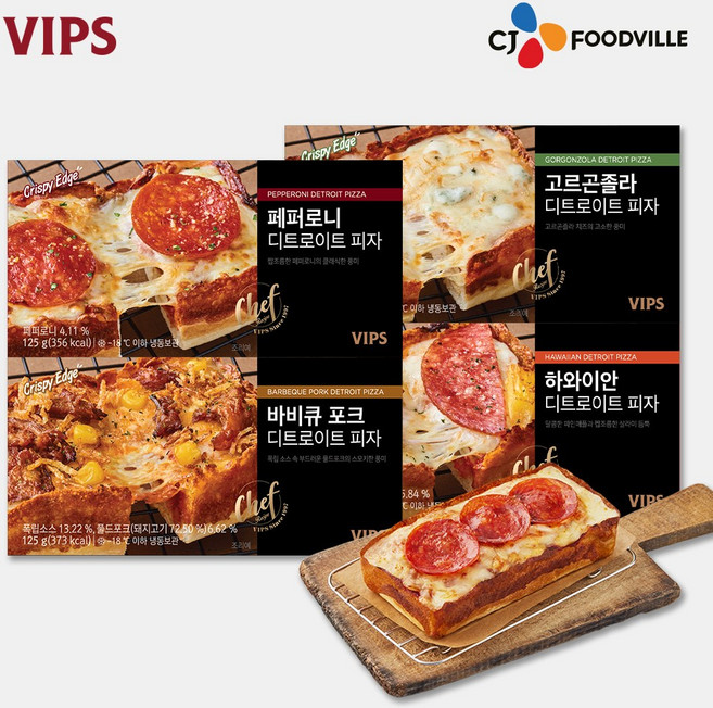 [VIPS] 빕스 디트로이트 피자 4종세트(페퍼로니+하와이안+바비큐포크+고르곤졸라), 1세트, 525g