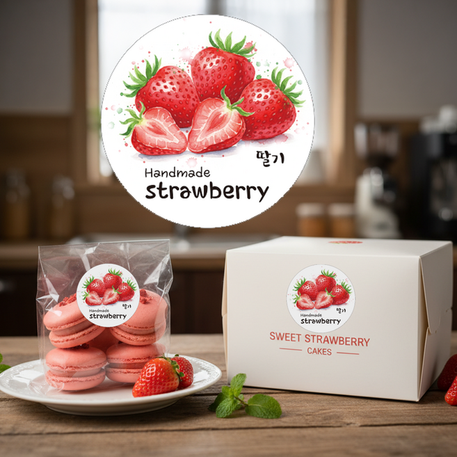 딸기그림 스티커 수제청 음료 비닐 케이크상자 핸드메이드 홈메이드 라벨 handmade, 1세트