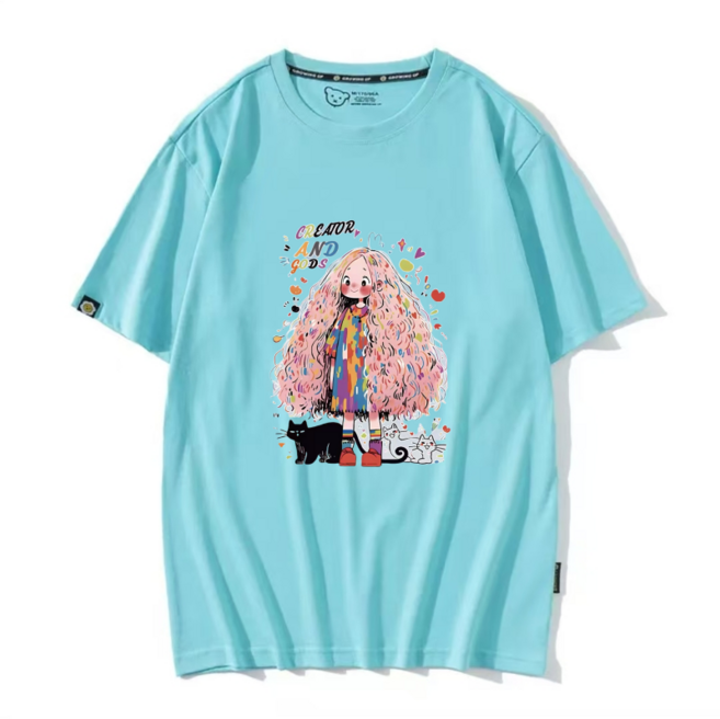 여자 캐릭터 패턴 티셔츠 반팔 순면 캐주얼 오버사이즈 반팔 남녀 공용 반팔 티셔츠