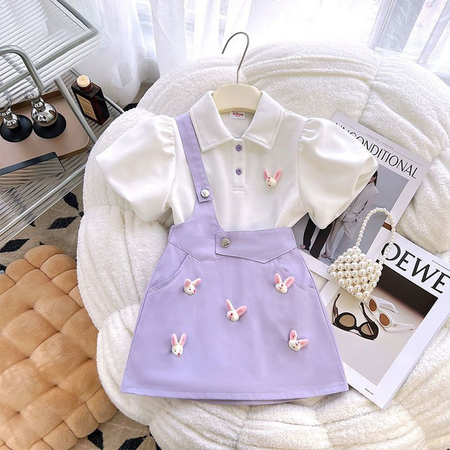 해피유통 아동 여름 귀여운 토끼 장식 반팔 멜빵치마 세트 트렌디 캐주얼 디자인14세 이상