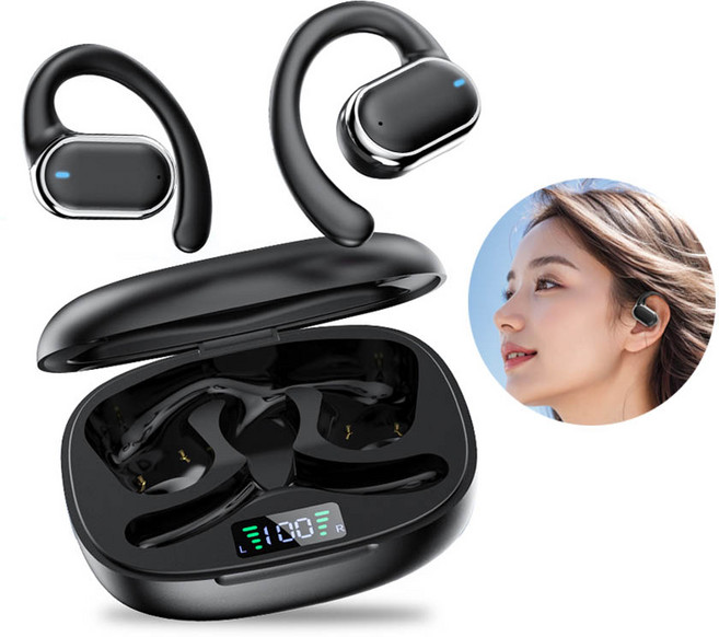 ELSECHO 오픈핏 블루투스 이어폰 무선 스포츠 이어폰 완전방수 귀걸이형 블루투스 5.3, 블랙