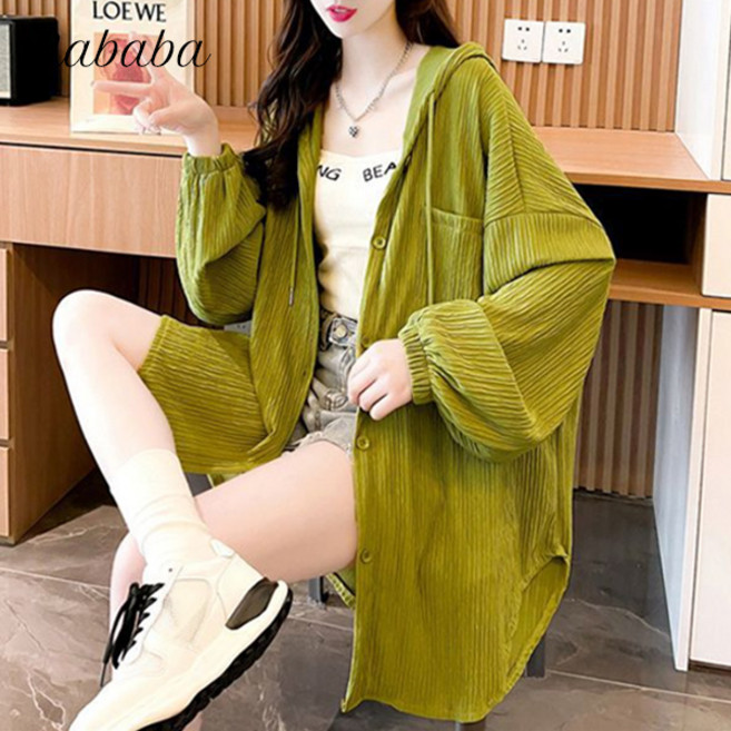 나바바 NB2840 여성 얇은 루즈핏 후드 긴팔 셔츠