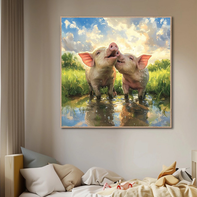 신원액자랜드 황금 돼지 그림 재물 다복 돈들어오는 풍수 침실 거실 부엌 원룸 홈 부엌 자녀 방 카페 포토존 가게 인테리어 오픈 개업 이사 입주 알루미늄 액자, 07.물장난돼지, 01.25X25 (cm), 02.무광블랙 알루미늄액자