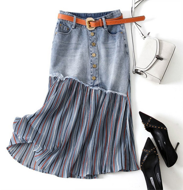 PEROLA 여성 워싱 데님 스커트 언발란스 스트라이프 스플라이싱 하이웨스트 A라인 미디 스커트 벨트 세트 (S~5XL)