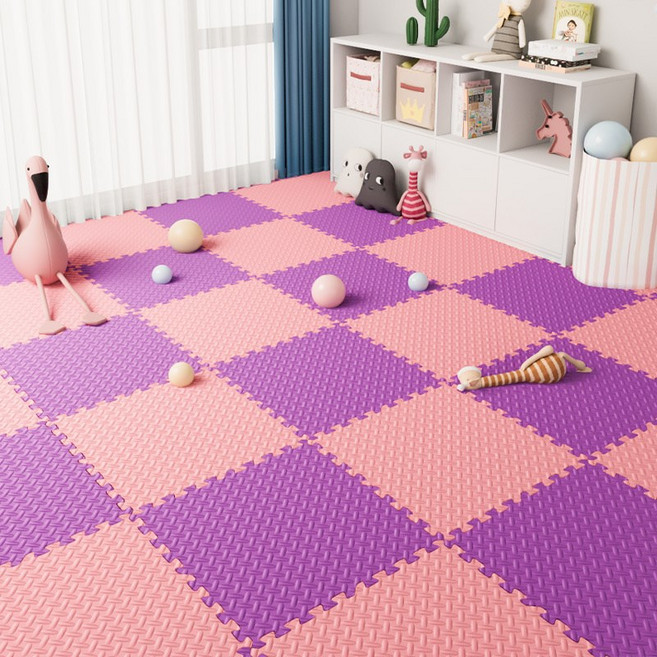 兒童拼接爬行墊泡沫地墊家用臥室地板墊子加厚爬爬墊夏季拼圖地毯, 1個, 元氣粉  木槿紫  送邊:60X60X1.2cm  10片