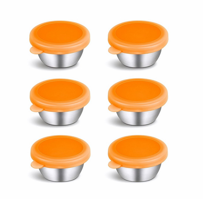 AIFUNT 엘리펀트 실리콘뚜껑 스테인리스 소스컵 50ml 6P - 차분한 컬러 디핑컵 도시락 반찬용 미니 양념통, 살몬 코랄(살구색), 6개
