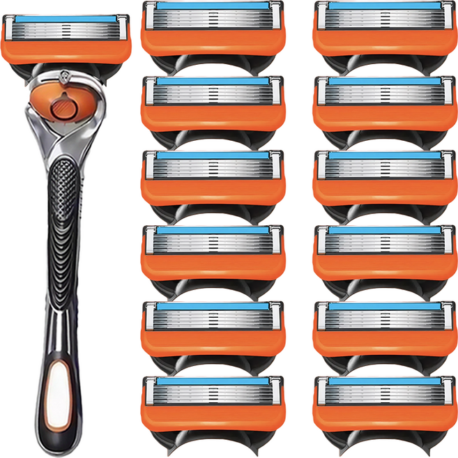 주황 프리미엄 5중 질레트 면도날 퓨전 호환 날카로운 면도기, 12개입, 1세트
