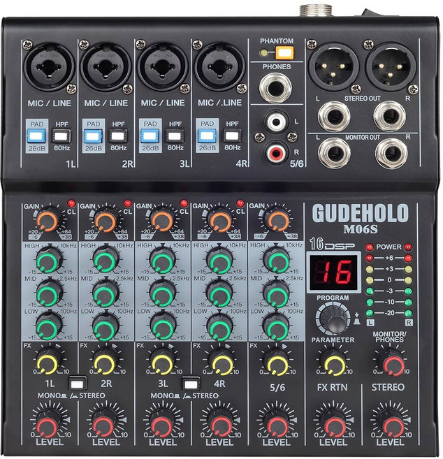 구데홀로 6채널 프로페셔널 DJ 오디오 믹서 컨트롤러 사운드 DSP 16 프리셋 효과 파티에 이상적임, Black, 블랙.