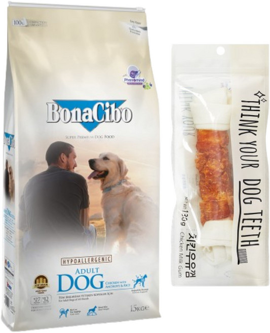 대형견용 딩고껌10인치 1p + 보나시보 중 대형견용 치킨 앤초비 라이스 강아지사료, 1개, 15kg, 닭+쌀