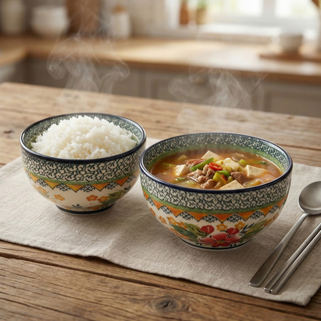 [파격사은품] 모니카 폴란드풍 공기 대접 세트, 피치블라썸, 1세트, 공기+대접