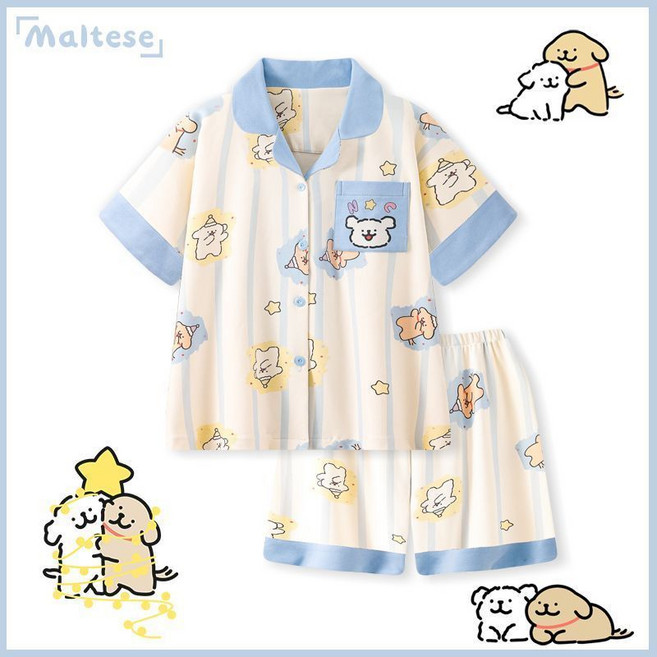 線條小狗圖案睡衣女款夏季透氣短袖褲卡通可愛家居服套裝薄款, 1個, 藍色線條小狗-【短袖+短褲】 【男女同款】4XL
