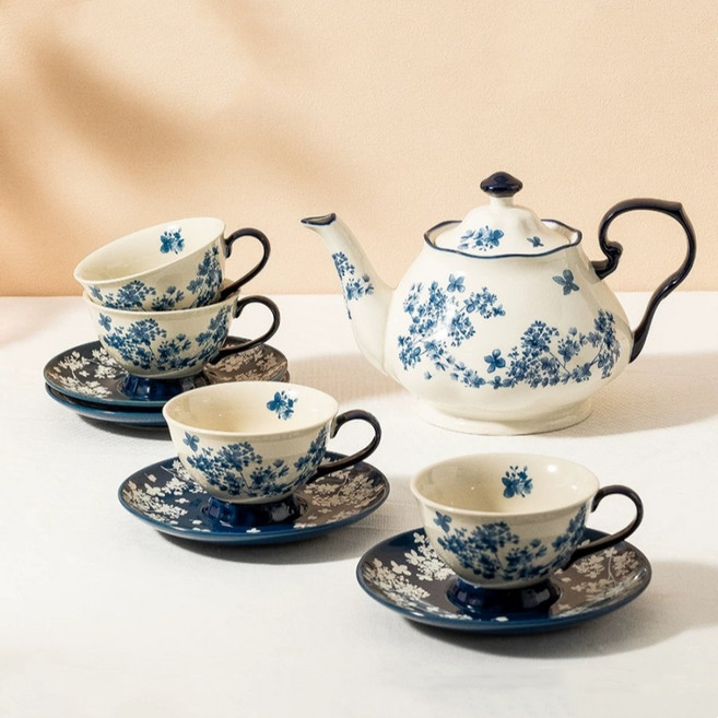 BLOWFISHFUGU 잉글리시 커피 잔 접시 도자기 티포트 세트 정교한 오후 찻잔, 블루, 티포트+커피잔*4, 1세트