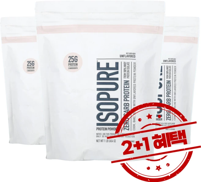 2+1 이소퓨어 제로 탄수화물 프로틴 파우더 무맛 454g BCAA 함유 / 해외직구 미국정품, 3개 - 쿠팡