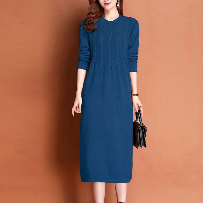 besteffie 여성 패션 가을 겨울 긴팔 니트 원피스 고급스러운 디자인 오피스룩 캐주얼 데일리 라운드넥 원피스 V55