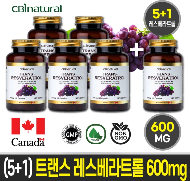 (5+1)캐나다 트랜스 레스베라트롤 600mg 120야채캡슐 캐나다 GMP NPN인증 캐나다직발송, 6개, 120정 - 쿠팡